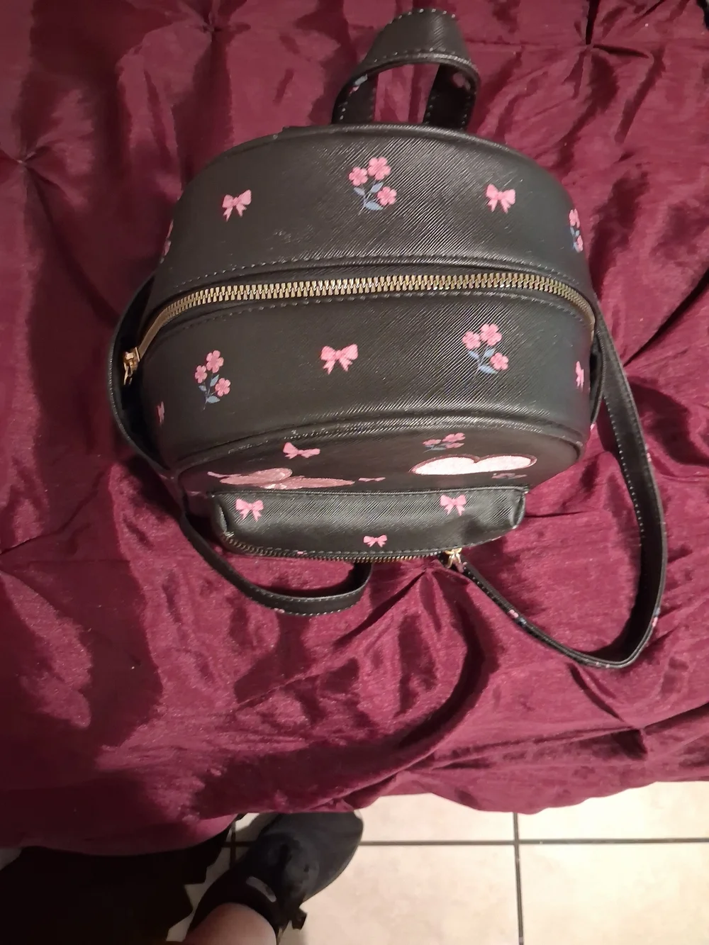 Black Mini Backpack with Pink Heart & Butterfly Embroidery